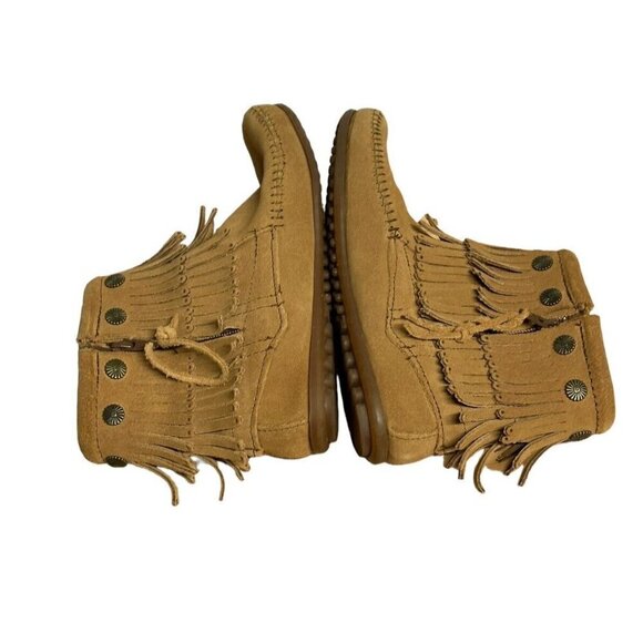 Minnetonka Double Fringe Boot Moccasin Side Zip Womens Sz 7 Tan Suede 697T Boho - Picture 5 of 7